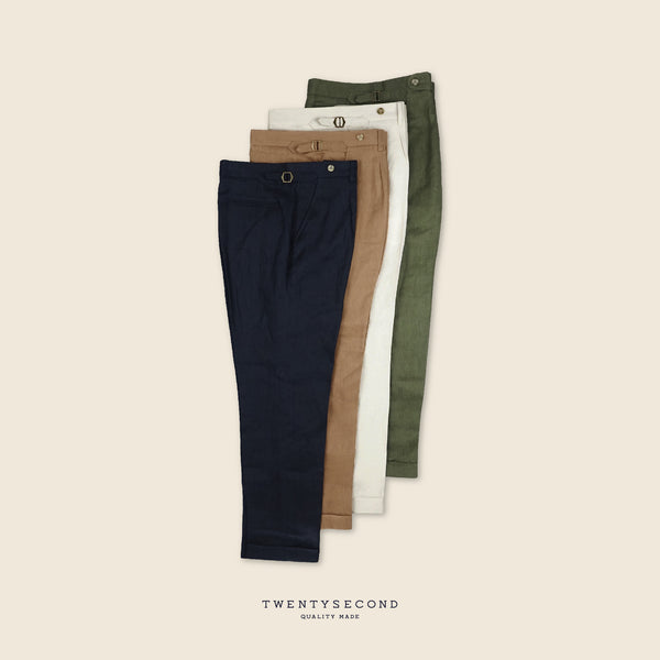 PLEATED LINEN TROUSERS - OLIVE