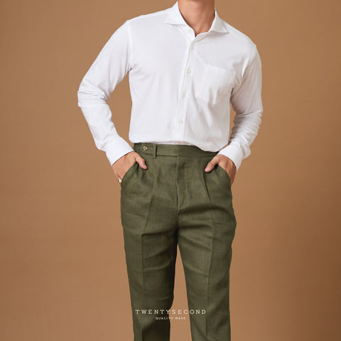 PLEATED LINEN TROUSERS - OLIVE