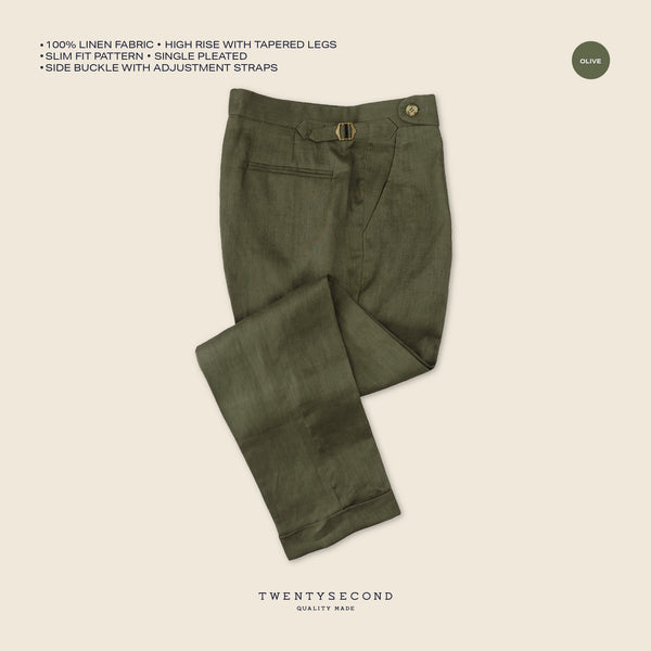 PLEATED LINEN TROUSERS - OLIVE