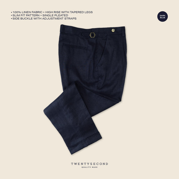 PLEATED LINEN TROUSERS - DARK BLUE