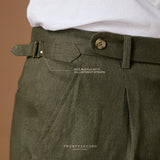 PLEATED LINEN TROUSERS - OLIVE