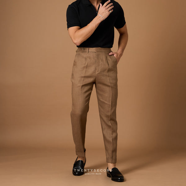 PLEATED LINEN TROUSERS - BROWN