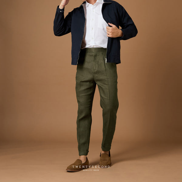 PLEATED LINEN TROUSERS - OLIVE