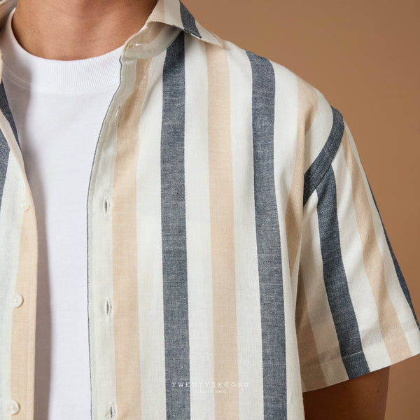 LINEN SHORT SLEEVES SHIRT - ST BROWN/NAVY