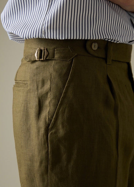 PLEATED LINEN TROUSERS - OLIVE