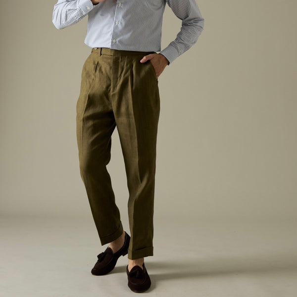 PLEATED LINEN TROUSERS - OLIVE