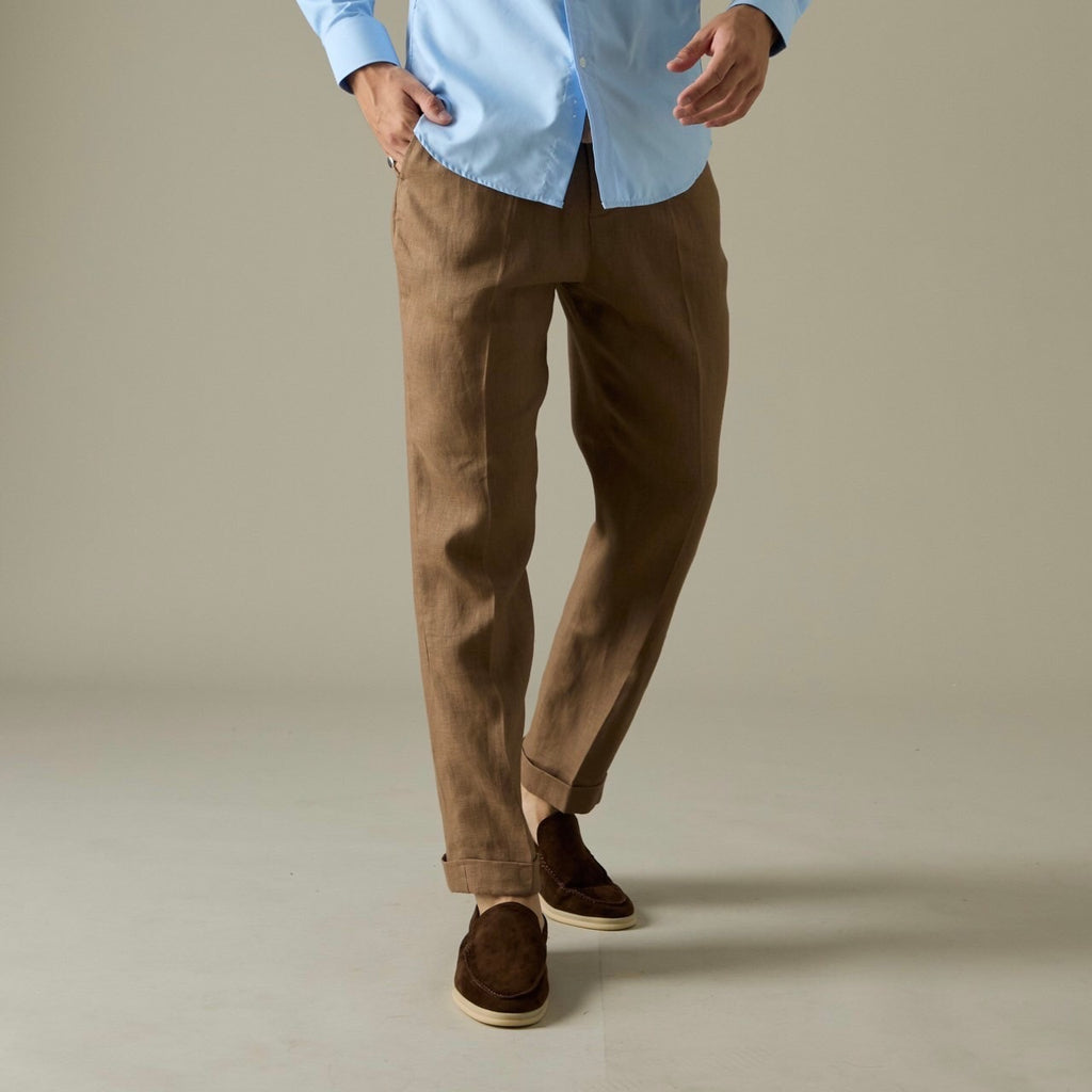 PLEATED LINEN TROUSERS - BROWN