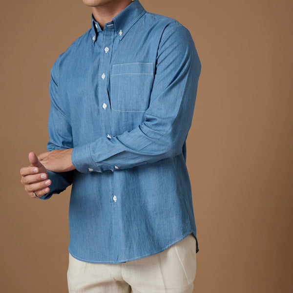 DENIM BUTTON DOWN COLLAR SHIRT - LIGHT BLUE