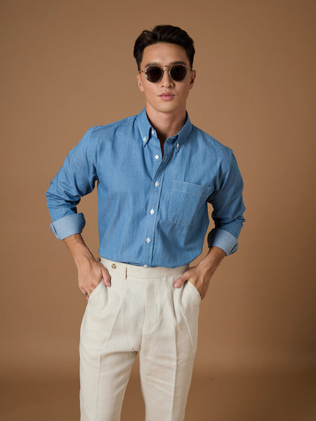 DENIM BUTTON DOWN COLLAR SHIRT - LIGHT BLUE