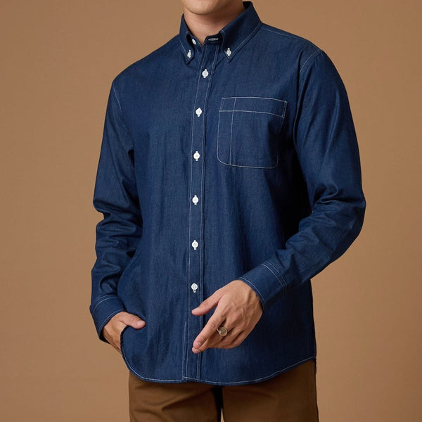 DENIM BUTTON DOWN COLLAR SHIRT - DARK BLUE