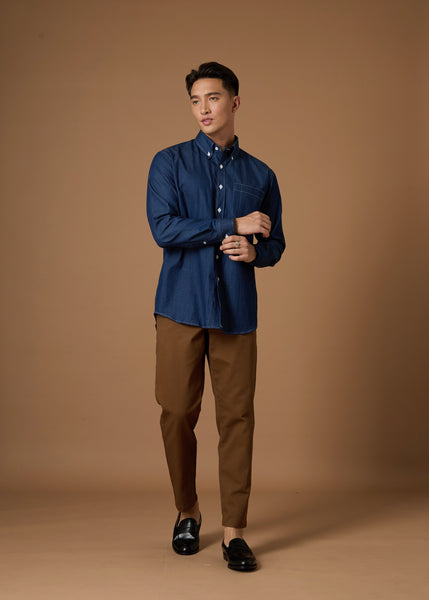 DENIM BUTTON DOWN COLLAR SHIRT - DARK BLUE