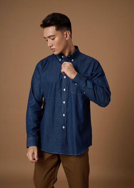 DENIM BUTTON DOWN COLLAR SHIRT - DARK BLUE