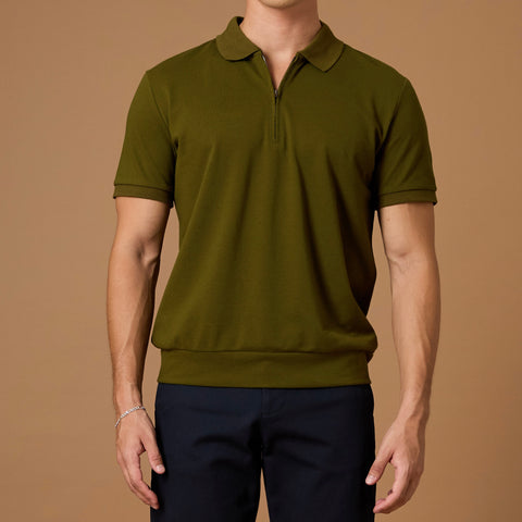 COLTON ZIP UP POLO SHIRT - BRICK