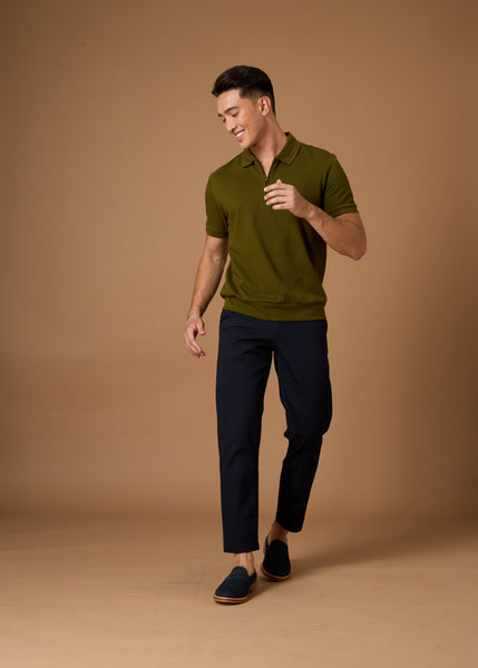 COLTON ZIP UP POLO SHIRT - OLIVE