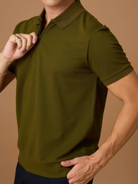 COLTON ZIP UP POLO SHIRT - OLIVE